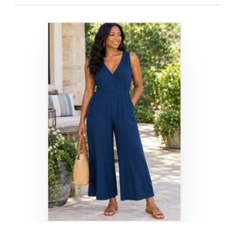 Title Nine Nimblene Jumpsuit Womens Medium Blue Sleeveless Wide Leg Pockets